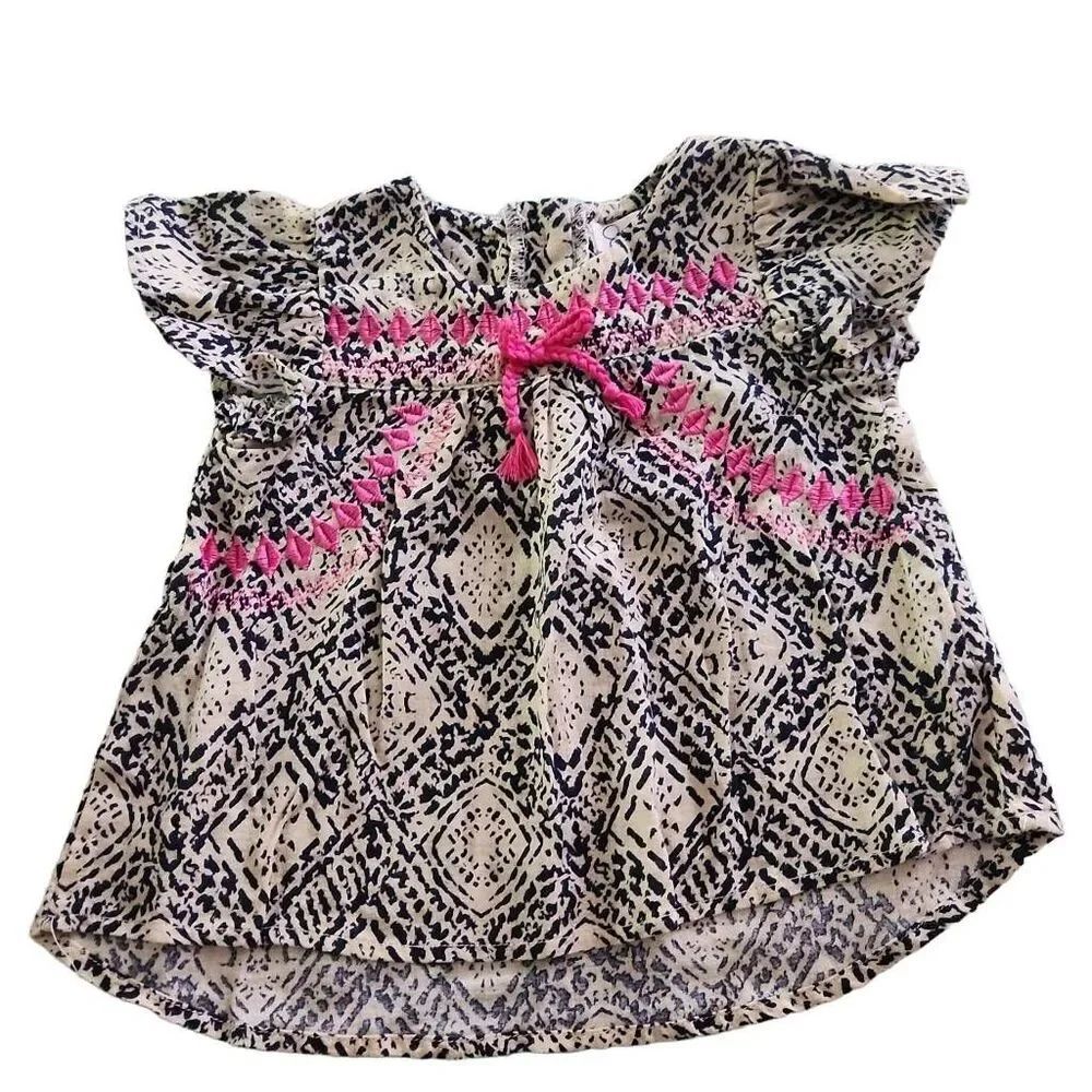 JessicaโSimpson Girls Size 6/9 Months Tan Print Top/Dress with Pink Embroidery